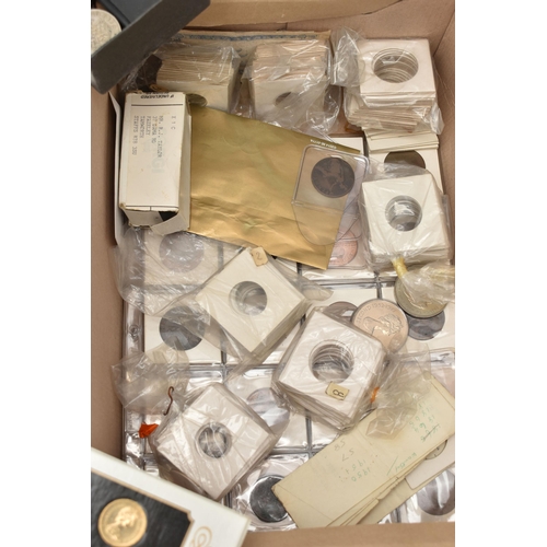 219 - A CARDBOARD BOX OF MIXED COINS, to include a bag of mixed silver content coins approximately 750 gra... 