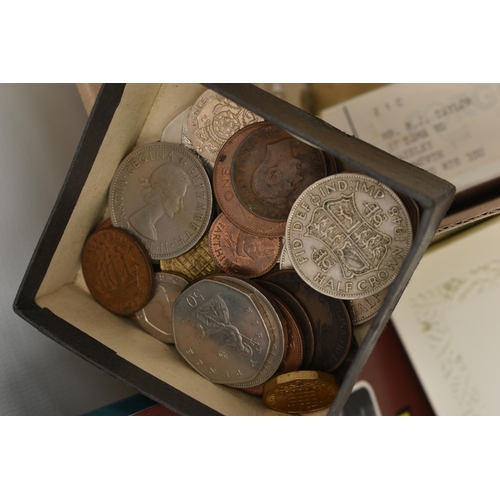 219 - A CARDBOARD BOX OF MIXED COINS, to include a bag of mixed silver content coins approximately 750 gra... 