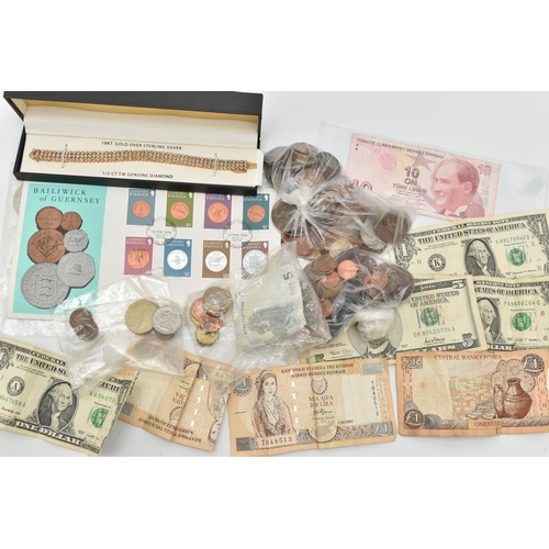 222 - A BOX OF ASSORTED WORLD COINS AND BANKNOTES, three small bags of assorted coins to include Euros, Br... 