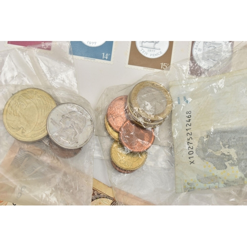 222 - A BOX OF ASSORTED WORLD COINS AND BANKNOTES, three small bags of assorted coins to include Euros, Br... 