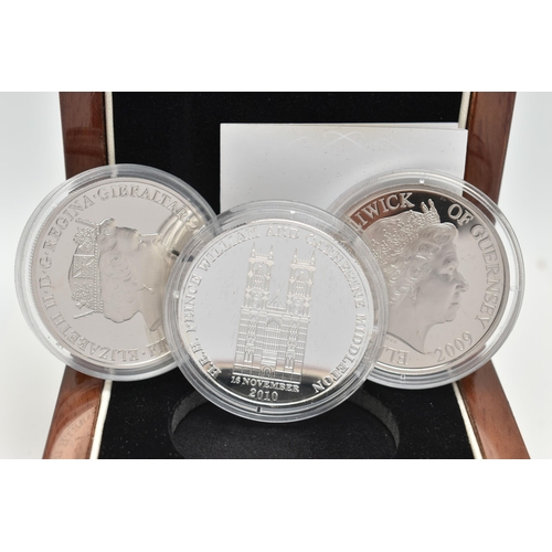 226 - A GROUP OF THREE SILVER PROOF COINS TO INCLUDE, a boxed William/Catherine Gold accented and bejewell... 