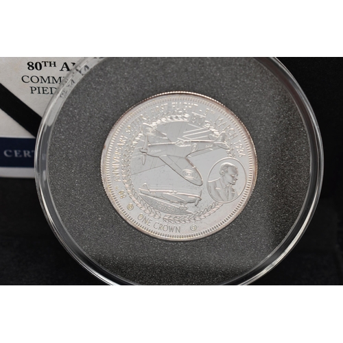 230 - A BOXED SPITFIFES FIRST FLIGHT 80TH ANNIVERSARY COMMEMORATIVE PIEDFORT SILVER PROOF CROWN COIN CERTI... 