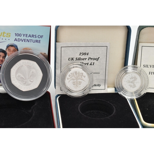 233 - FIVE BOXED SILVER COINS TO INCLUDE: 2007 SCOUTS FIFTY PENCE PROOF COA, 2007 UK Silver Proof One Poun... 