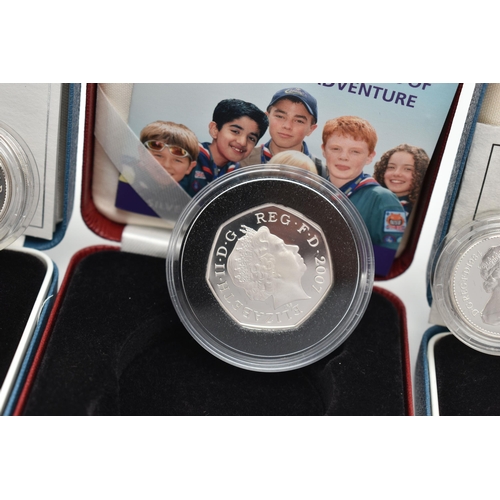 233 - FIVE BOXED SILVER COINS TO INCLUDE: 2007 SCOUTS FIFTY PENCE PROOF COA, 2007 UK Silver Proof One Poun... 