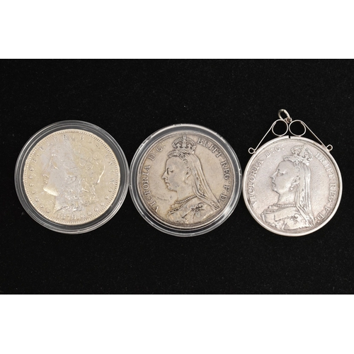 234 - A PARCEL OF THREE SILVER COINS, to include an 1891 Crown coin in a silver mount, an 1889 Victoria Cr... 