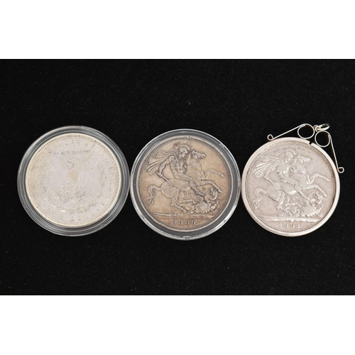 234 - A PARCEL OF THREE SILVER COINS, to include an 1891 Crown coin in a silver mount, an 1889 Victoria Cr... 