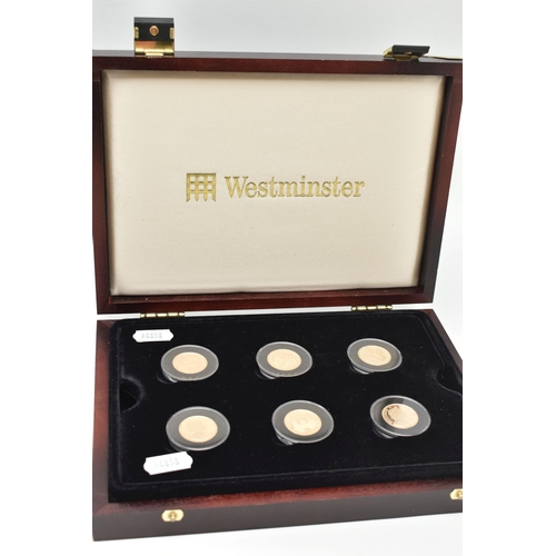 235 - A WESTMINSTER CASED SET OF SIX GOLD SOVEREIGN COINS 2002 FOR GIBRALTAR ROYALTY ISSUE, 3.36 grams eac... 