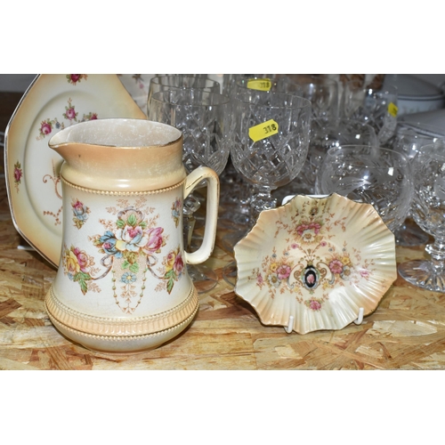 318 - A NORITAKE 'SAVANNAH' PATTERN DINNER SET AND CUT CRYSTAL WINE GLASSES, comprising two covered tureen... 