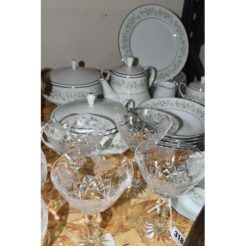 318 - A NORITAKE 'SAVANNAH' PATTERN DINNER SET AND CUT CRYSTAL WINE GLASSES, comprising two covered tureen... 