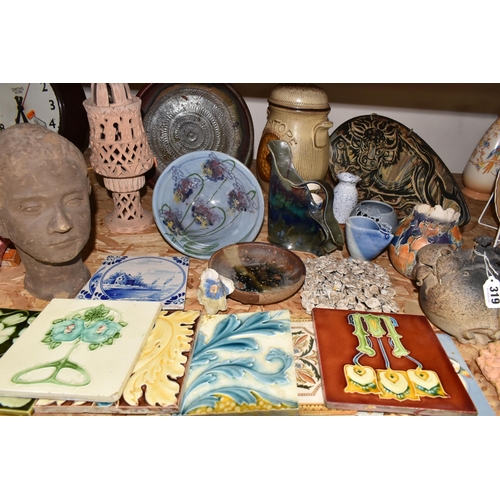 319 - A COLLECTION OF 19TH AND EARLY 20TH CENTURY CERAMIC TILES AND CONTEMPORARY STUDIO POTTERY, comprisin... 