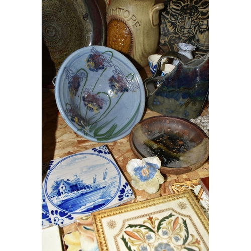 319 - A COLLECTION OF 19TH AND EARLY 20TH CENTURY CERAMIC TILES AND CONTEMPORARY STUDIO POTTERY, comprisin... 