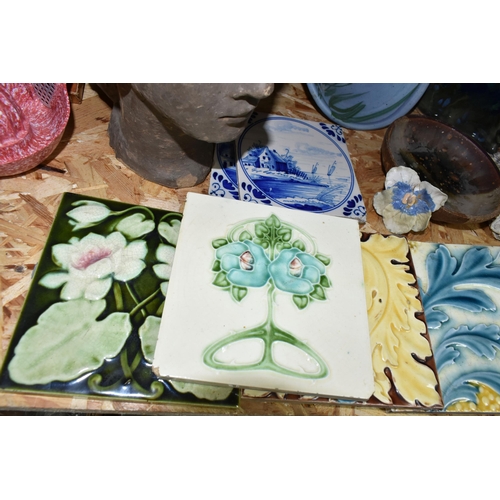 319 - A COLLECTION OF 19TH AND EARLY 20TH CENTURY CERAMIC TILES AND CONTEMPORARY STUDIO POTTERY, comprisin... 