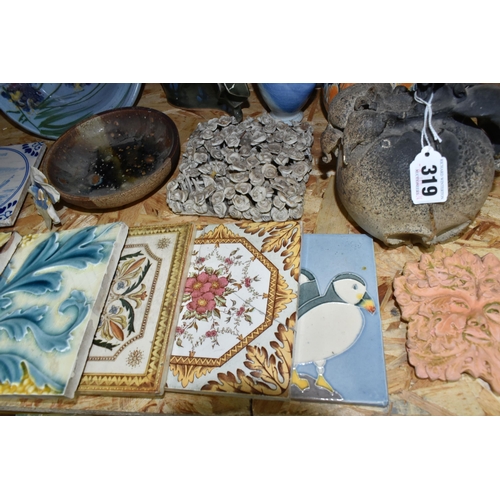 319 - A COLLECTION OF 19TH AND EARLY 20TH CENTURY CERAMIC TILES AND CONTEMPORARY STUDIO POTTERY, comprisin... 