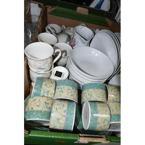 324 - FIVE BOXES OF KITCHENWARE, to include a Breville electric iron, dinnerware, tea ware, clear glass pi... 