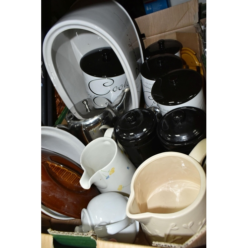 324 - FIVE BOXES OF KITCHENWARE, to include a Breville electric iron, dinnerware, tea ware, clear glass pi... 