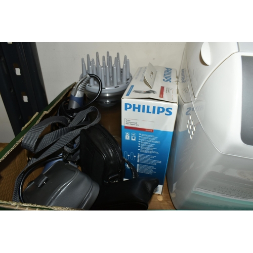 324 - FIVE BOXES OF KITCHENWARE, to include a Breville electric iron, dinnerware, tea ware, clear glass pi... 