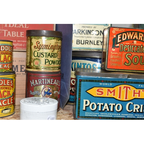 328 - A GROUP OF VINTAGE ADVERTISING PACKAGING, comprising eight tins to include Smith's Potato Crisps, Ma... 