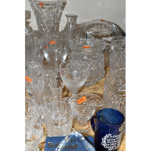 331 - A QUANTITY OF CUT CRYSTAL AND OTHER GLASS WARES, to include a blue glass cup with enamel decoration,... 