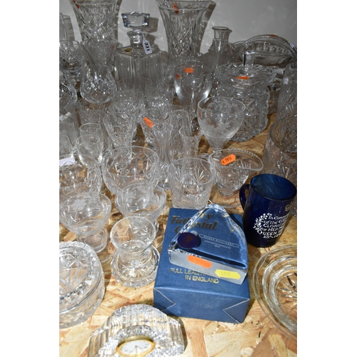 331 - A QUANTITY OF CUT CRYSTAL AND OTHER GLASS WARES, to include a blue glass cup with enamel decoration,... 