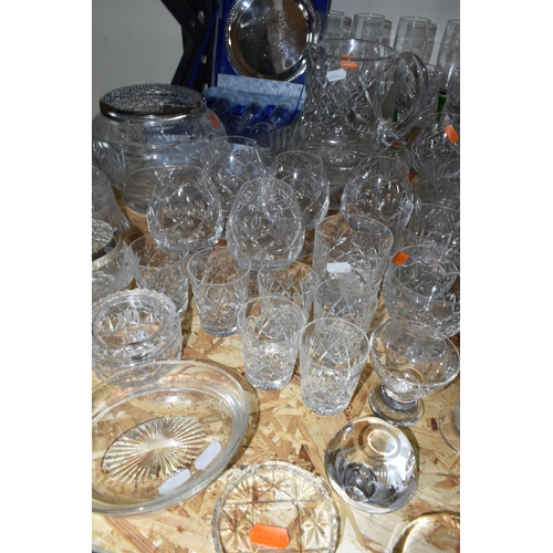 331 - A QUANTITY OF CUT CRYSTAL AND OTHER GLASS WARES, to include a blue glass cup with enamel decoration,... 