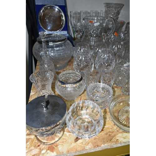 331 - A QUANTITY OF CUT CRYSTAL AND OTHER GLASS WARES, to include a blue glass cup with enamel decoration,... 