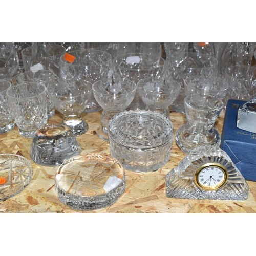 331 - A QUANTITY OF CUT CRYSTAL AND OTHER GLASS WARES, to include a blue glass cup with enamel decoration,... 