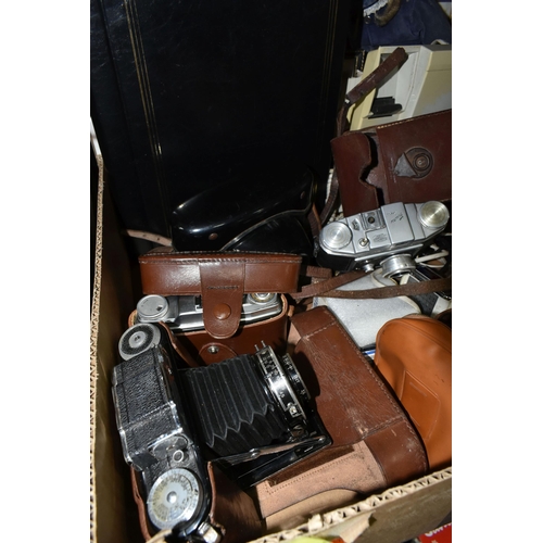 334 - FOUR BOXES AND LOOSE PICTURES, CAMERAS, DOLLS AND SUNDRY ITEMS, to include an oval bevelled mirror i... 