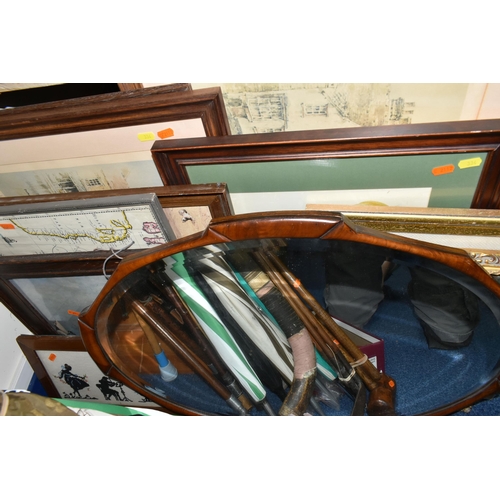 334 - FOUR BOXES AND LOOSE PICTURES, CAMERAS, DOLLS AND SUNDRY ITEMS, to include an oval bevelled mirror i... 