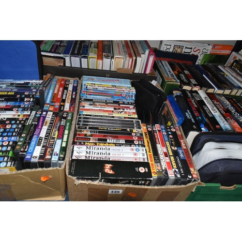 335 - FIVE BOXES OF BOOKS, CDS AND DVDS, containing approximately seventy book titles in hardback and pape... 