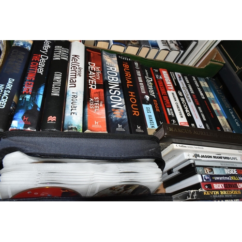 335 - FIVE BOXES OF BOOKS, CDS AND DVDS, containing approximately seventy book titles in hardback and pape... 