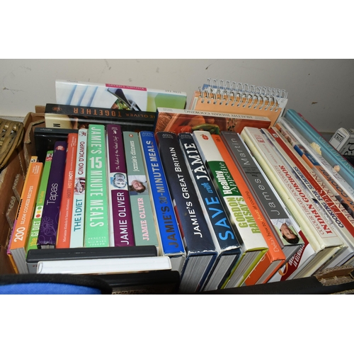 335 - FIVE BOXES OF BOOKS, CDS AND DVDS, containing approximately seventy book titles in hardback and pape... 