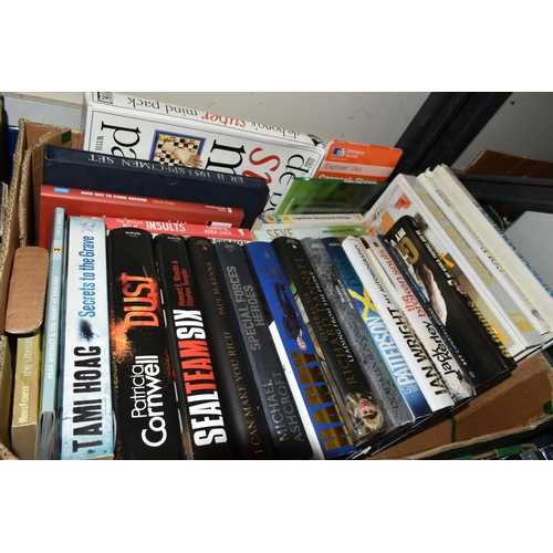 335 - FIVE BOXES OF BOOKS, CDS AND DVDS, containing approximately seventy book titles in hardback and pape... 