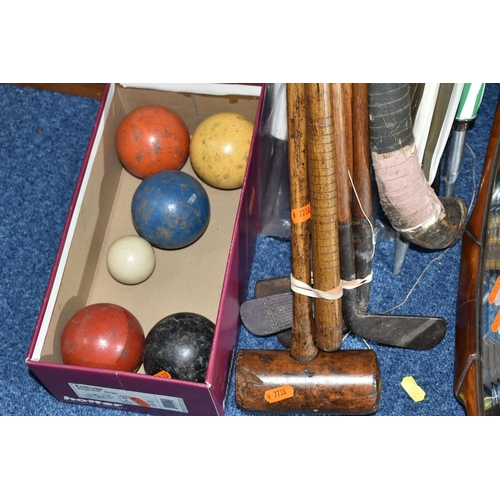 337 - A BOX AND LOOSE VINTAGE GOLF CLUBS, WALKING STICKS, UMBRELLAS AND SUNDRY ITEMS, to include four hick... 