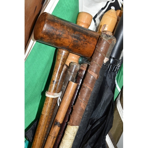 337 - A BOX AND LOOSE VINTAGE GOLF CLUBS, WALKING STICKS, UMBRELLAS AND SUNDRY ITEMS, to include four hick... 