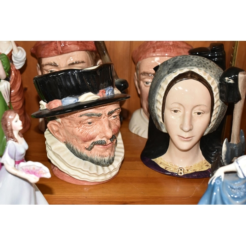 338 - TWO ROYAL DOULTON FIGURINES AND FOUR CHARACTER JUGS, comprising Victoria HN2471, Hilary HN2335, 'Boo... 