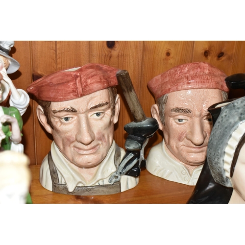 338 - TWO ROYAL DOULTON FIGURINES AND FOUR CHARACTER JUGS, comprising Victoria HN2471, Hilary HN2335, 'Boo... 