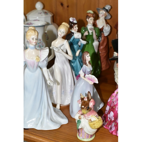 338 - TWO ROYAL DOULTON FIGURINES AND FOUR CHARACTER JUGS, comprising Victoria HN2471, Hilary HN2335, 'Boo... 