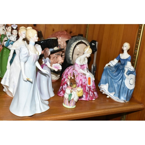 338 - TWO ROYAL DOULTON FIGURINES AND FOUR CHARACTER JUGS, comprising Victoria HN2471, Hilary HN2335, 'Boo... 