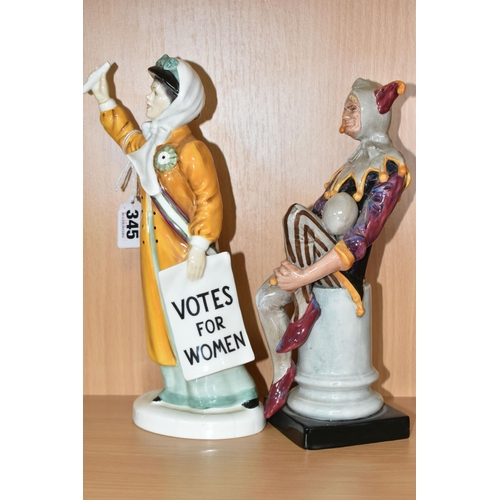 345 - FOUR ROYAL DOULTON FIGURES, comprising Votes for Women HN2816 (wrist broken and reglued, chip to ban... 