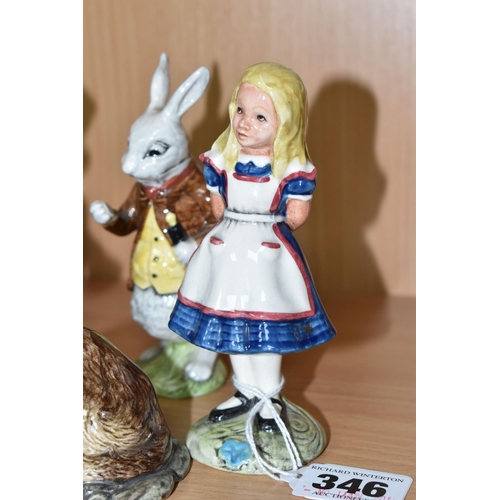 346 - EIGHT BESWICK ALICE IN WONDERLAND FIGURES, comprising The Mad Hatter, Alice, Cheshire Cat, White Rab... 