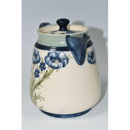 348 - A WILLIAM MOORCROFT FOR MACINTYRE 'FLORIAN WARE' HOT WATER JUG AND COVER, in Blue Poppies pattern, t... 