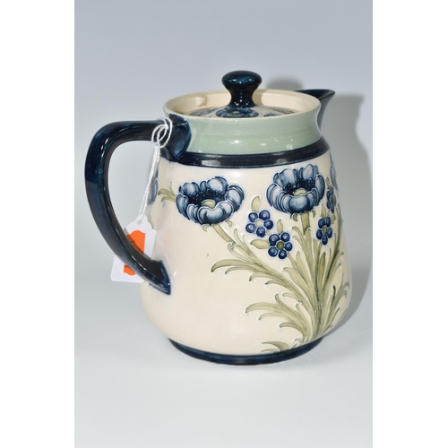 348 - A WILLIAM MOORCROFT FOR MACINTYRE 'FLORIAN WARE' HOT WATER JUG AND COVER, in Blue Poppies pattern, t... 