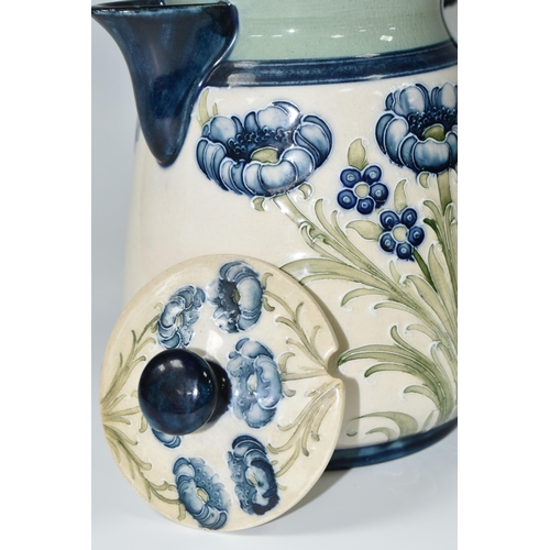 348 - A WILLIAM MOORCROFT FOR MACINTYRE 'FLORIAN WARE' HOT WATER JUG AND COVER, in Blue Poppies pattern, t... 