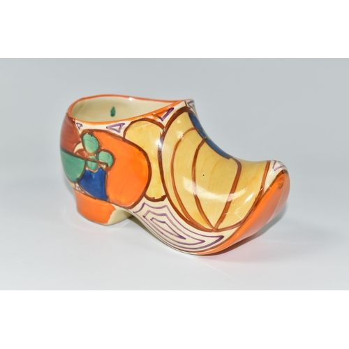 357 - A CLARICE CLIFF SABOT/CLOG, in Melon pattern painted with an abstract fruit design, with 'hand paint... 