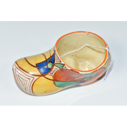 357 - A CLARICE CLIFF SABOT/CLOG, in Melon pattern painted with an abstract fruit design, with 'hand paint... 