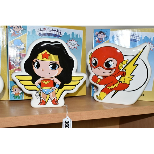 360 - FOUR BOXED ENESCO 'DC SUPER FRIENDS' COIN BANKS, the ceramic money boxes comprising Wonder Woman, Th... 