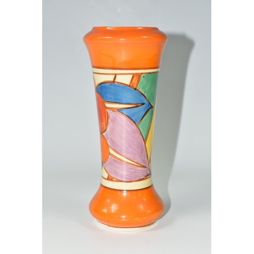 363 - A CLARICE CLIFF 'BERRIES' PATTERN VASE, of tapering form  with inverted rim and bulbous base, painte... 