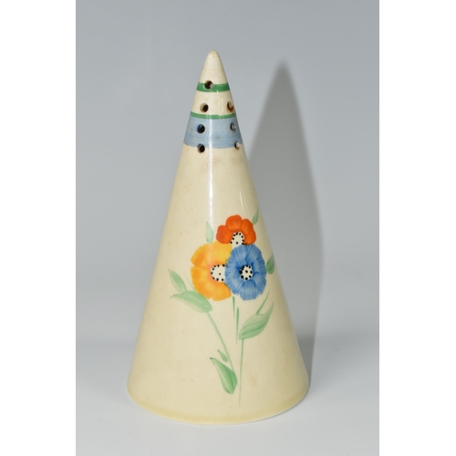 366 - A CLARICE CLIFF CONICAL SUGAR SIFTER, in 'Fleur' pattern, painted with blue, yellow and orange flowe... 