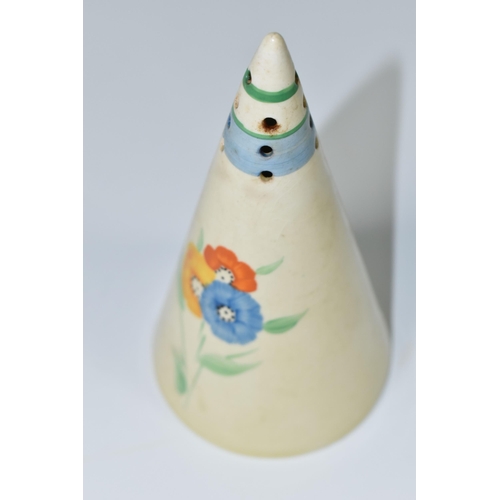 366 - A CLARICE CLIFF CONICAL SUGAR SIFTER, in 'Fleur' pattern, painted with blue, yellow and orange flowe... 