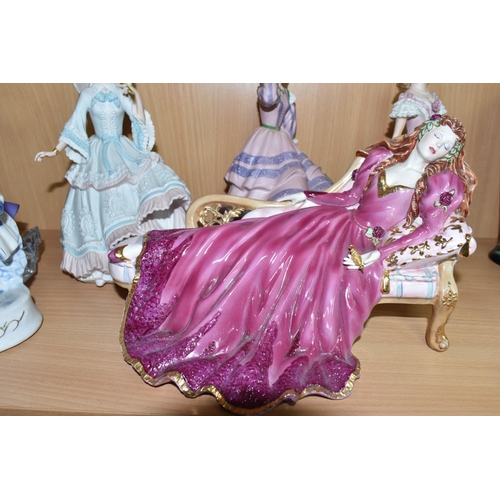 367 - A GROUP OF FIGURINES, comprising Wedgwood for Spink 'The Coronation Ball, 1838' no 7116/10000 (fan b... 